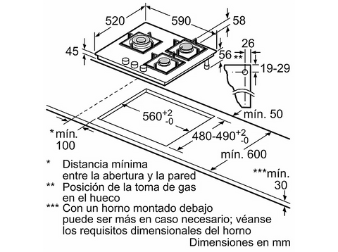 Placa de gas - Bosch PPC6A6I10, 3 zonas, Ancho 59 cm, Gas natural, Vidrio templado, Negro