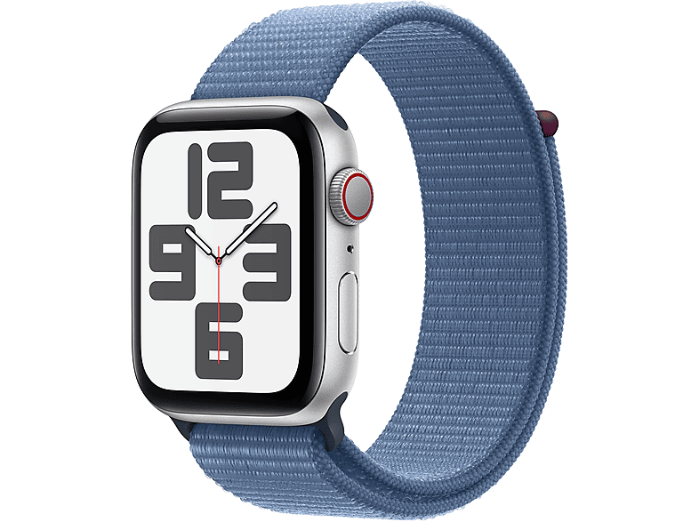 APPLE Watch SE (2023), GPS+CELL, 44 mm, Caja de aluminio plata, Vidrio delantero Ion-X, Correa Sport Loop azul invierno