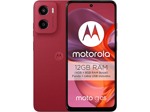 Móvil - motorola g05, Plum Red, 128GB, 4GB RAM, 6.67" LCD, MediaTek Helio G81 Extreme, 5200 mAh