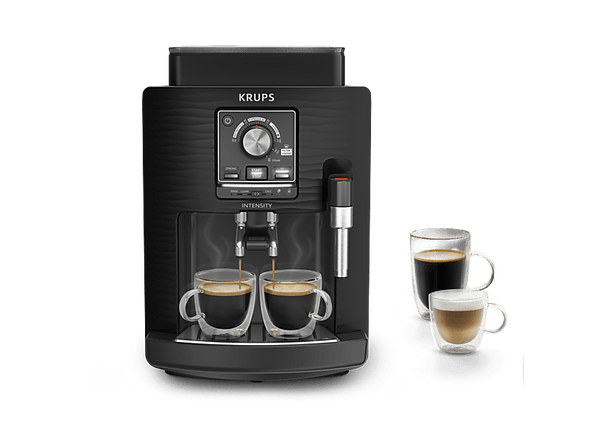 Cafetera superautomática - Krups Intensity EA50K9, 4 bebidas, Espumador de leche manual, Granos de cafe, 15 bares, 1.7l, 2 Tazas, Compacta, negro