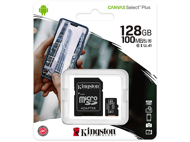 Tarjeta Micro SD - Kingston SDCS2/128GB, 128 GB, Velocidad hasta 100 MB/s, Clase 10, Adaptador SD, Negro