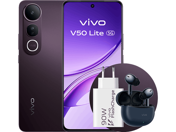 Móvil - vivo V50 Lite, Phantom Black, 256 GB, 8 GB RAM, 6.77" AMOLED, MediaTek Dimensity 6300, 6500mAh, Incluye Cargador+Auriculares