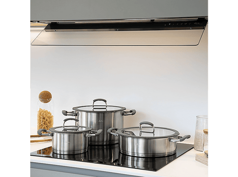 Batería de cocina - Jata Hogar HBAT2552, 6.8L, Acero inoxidable, Apilables, Tapas Vidrio Templado, 3 Ollas, Compatibles con todas las cocinas, Plata