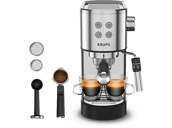 Cafetera express - Krups Virtuoso + XP444C, 1400 W, 15 Bar, 1 L, Thermoblock, Compatible cápsulas blandas té e infusiones, Apagado autom., Acero Inox