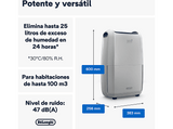 Deshumidificador - De'Longhi Tasciugo Aria Dry DDSX225, Extrae 21 l/día, Capacidad 2 l, Superficie 90m³, Función swing, Anticongelante, LCD, Blanco
