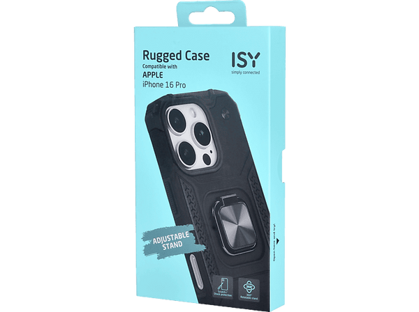 Funda - Isy ISC 6107, Compatible con iPhone 16 Pro, Resistente a Golpes, Soporte Plegable Integrado, Negro