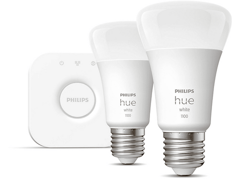 Kit bombillas Bluetooth - Kit Inicio Hue Bridge + 2 Bombillas inteligentes E27 Philips Hue, 9.5W 1100 lm, Luz Cálida regulable