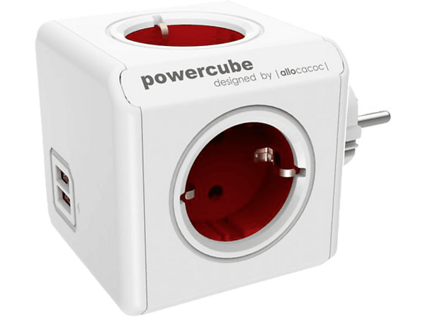 Ladrón enchufe - PowerCube Allocacoc 1202RD/DEOUPC, 4 tomas de corriente, 2 puertos USB, Rojo