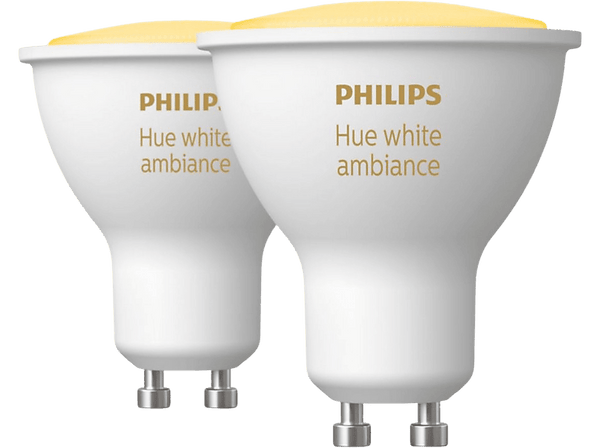 Bombilla inteligente - Philips Hue GU10, Luz Blanca de Cálida a Fría, 3W, Control de voz, 2 unidades, Blanco