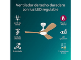 Ventilador de techo - Philips Olas 28 W + 24 W, LED, 3 Velocidades, Blanco/Madera