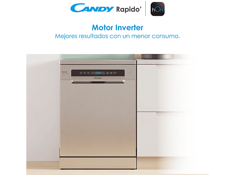 Lavavajillas - Candy Rapido' CF 5C7F1X, 15 servicios, 8 programas, Inicio Diferido, Motor Inverter, 60 cm, Conectividad Wi-Fi, Inox