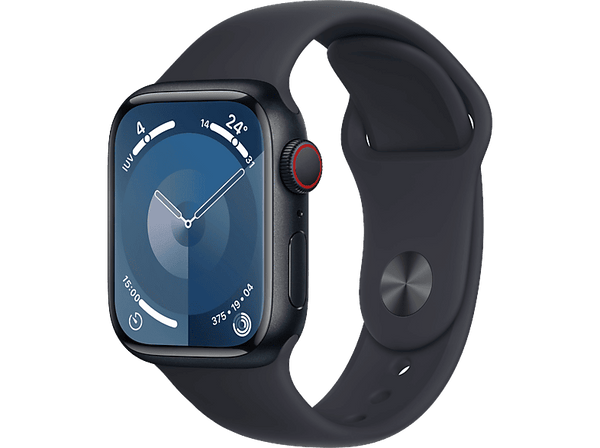 Apple Watch Series 9 (2023), GPS+CELL, 41 mm, Gesto de doble toque, Caja de aluminio medianoche, Correa deportiva medianoche, Talla S/M