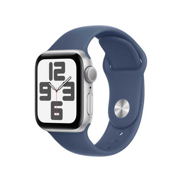 Apple Watch SE (2024), GPS, 44 mm, Caja de aluminio Plata, Vidrio delantero Ion-X, Correa deportiva Azul denim, Talla S/M