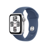 Apple Watch SE (2024), GPS, 44 mm, Caja de aluminio Plata, Vidrio delantero Ion-X, Correa deportiva Azul denim, Talla S/M