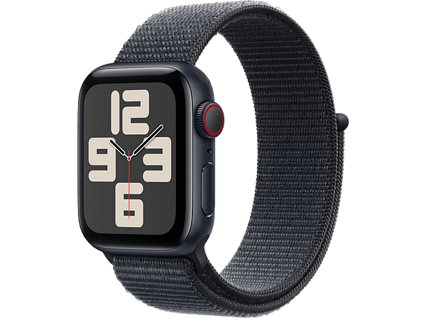 Apple Watch SE (2024), GPS + Cellular, 40 mm, Caja de aluminio Medianoche, Vidrio delantero Ion-X, Correa Loop deportiva Tinta