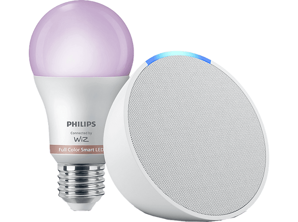 Pack de Echo Pop Altavoz inteligente con Alexa, Blanco + Bombilla inteligente Philips Smart LED, 8,5 W (Eq. 60 W) A60 E27, Luz Blanca y Colores