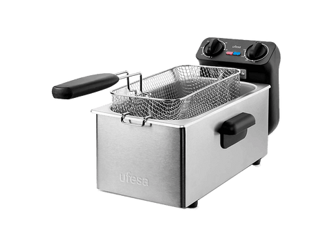 Freidora - Ufesa Crusty Fry 3000, 2000W, 3L, Termostato ajustable de 130 a 190°C, Temporizador de hasta 60min,  Inox/Negro