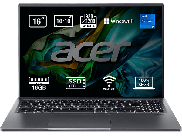 Portátil - Acer Swift X SFX16-52G-7295, 16" WUXGA, Intel® Core™ i7-1260P, 16GB RAM, 1TB SSD, Intel® Arc™ 3 A370M, Windows 11 Home