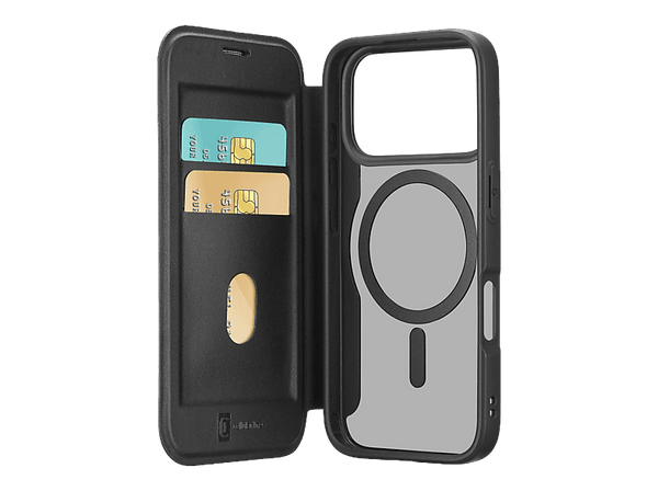 Funda móvil - Cellularline DAILY MAG, Para iPhone 17 Pro Max, Imitación piel y Cierre magnético, Compatible con Magsafe®, Con tapa tarjetero, Negro