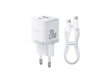 Cargador de pared - Baseus PALM, 20W, USB y Tipo-C, Kit con cable Tipo-C de 100 cm, Universal, Blanco