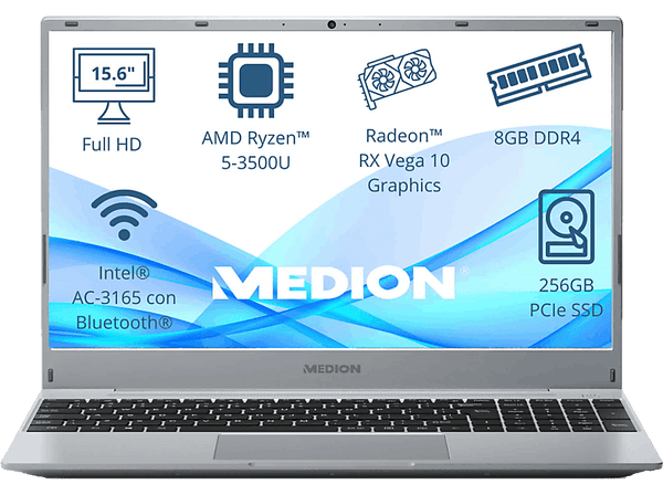 Portátil - Medion Akoya MD62426, 15.6 " Full HD, AMD Ryzen™ 5 3500U, 8GB RAM, 256GB SSD, Radeon™ RX Vega 10, Sin sistema operativo