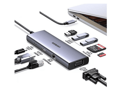 Hub - Ugreen UGR15600, 1x USB-C, 3x USB-A, 1x RJ45, 1x HDMI, 1x VGA, 1x SD, 1x TF Card, Plata
