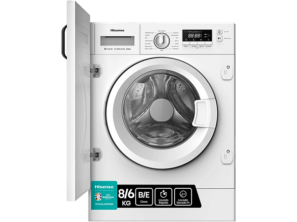 Lavadora secadora integrable - Hisense WD3M841BWIES , 8 kg /6 kg, 19 programas, Lavado Secado 1h, Inverter, Blanco