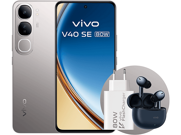 Móvil + Auriculares + Cargador 80W - vivo V40 SE 80W 5G, Titanium Silver, 256 GB, 8 GB, 6.67" AMOLED , Qualcomm Snapdragon® 4 Gen 2, 5000 mAh