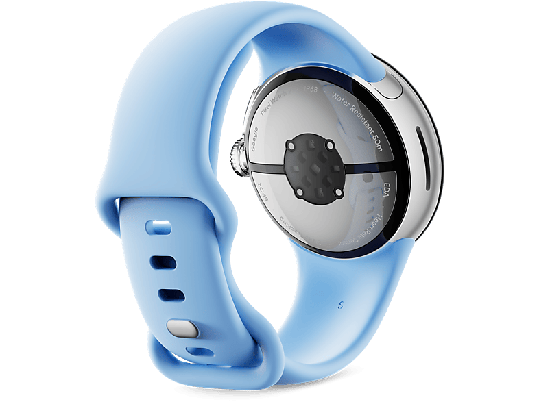 Smartwatch - Google Pixel Watch 2, 41 mm AMOLED, GPS, Android, Caja aluminio plata pulida, Correa deportiva azul celeste