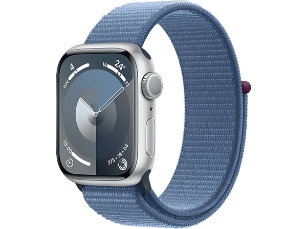 Apple Watch Series 9 (2023), GPS, 41 mm, Gesto de doble toque, Caja de aluminio plata, Correa Sport Loop azul invierno