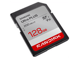 Tarjeta SD - SANDISK Ultra Plus, 128 GB, Hasta 200 MB/s, UHS-I, Vídeo Full HD, V10, C10, Resistente al Agua, Plata
