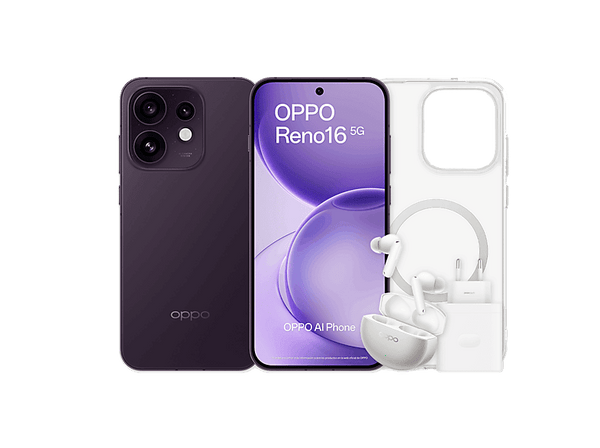 Móvil - OPPO Bundle Reno16, Púrpura Negro, 512GB, 8GB RAM, 6.32" AMOLED, Qualcomm  Snapdragon® 7 Gen 4, 6000mAh, Incluye Funda, Auriculares y Cargador