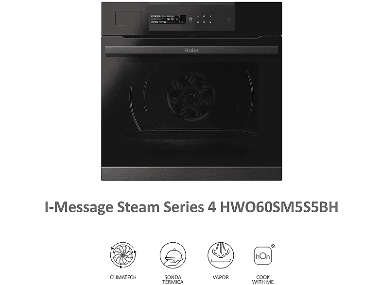 Horno - Haier I-Message Steam Series 4 HWO60SM5S5BH, 70l, Multifunción, Aquálisis, Vapor, 55cm, Wi-Fi, Sonda térmica, Negro