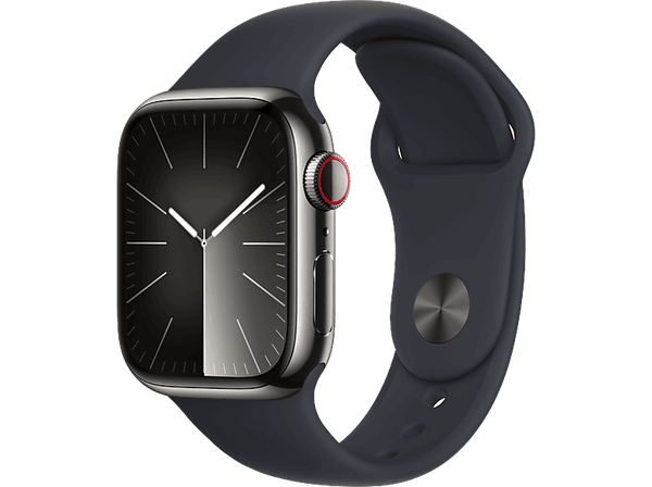 Apple Watch Series 9 (2023), GPS+CELL, 41 mm, Gesto de doble toque, Caja de acero inoxidable grafito, Correa deportiva medianoche, Talla M/L