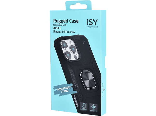 Funda - Isy ISC 6108, Compatible con iPhone 16 Pro Max, Resistente a Golpes, Soporte Plegable Integrado, Negro
