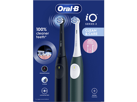 Cepillo eléctrico - Oral-B iO 2, Pack de dos cepillos eléctricos, 2 cabezales, Diseñados por Braun, Negro Noche y Verde Bosque