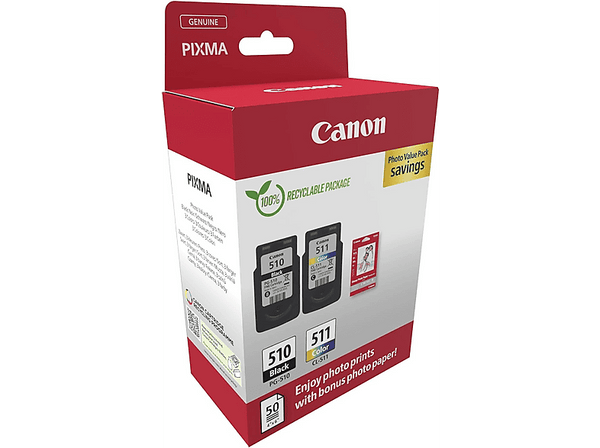 Cartucho de tinta - Canon PG-510/CL-511, 2970B017AA, 300 páginas, Incluye 50 Hojas Papel Fotográfico, Negro, Color