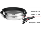 Set de sartenes - Tefal L8813S Ingenio, 2 unidades, 22/26 cm, Mango extraíble, Revestimiento titanio antiadherente, Indicador de calor, Acero Inox