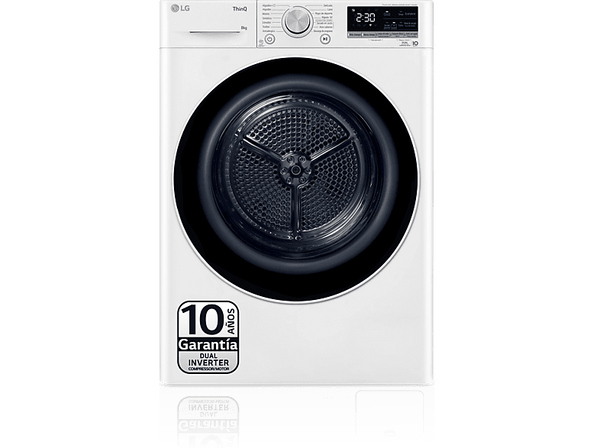 Secadora bomba de calor -  LG RH80V9AV4N, 8 kg, 14 programas, Dual Inverter Compressor™, Eco Hybrid™, Display Gran LED, Blanco