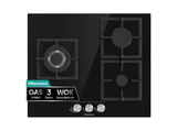 Placa de gas - Hisense GG633B, 3 zonas, 58 cm, Gas Natural, Encendido fácil, Fogón Wok, Cristal Negro