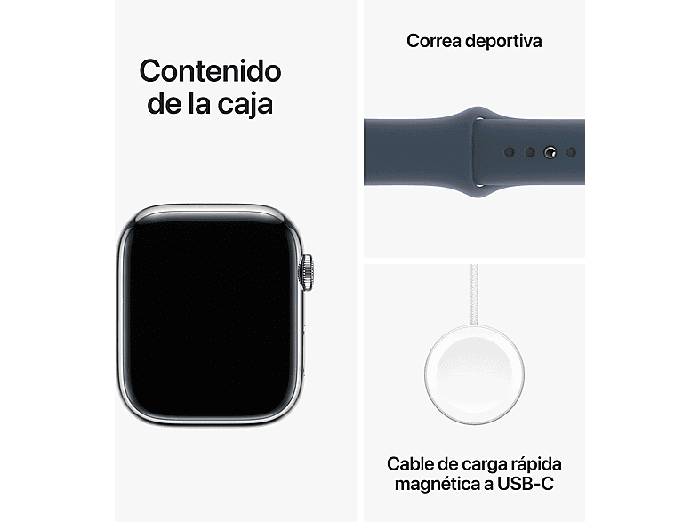 Apple Watch Series 9 (2023), GPS+CELL, 45 mm, Gesto de doble toque, Caja de acero inoxidable plata, Correa deportiva azul tempestad, Talla M/L