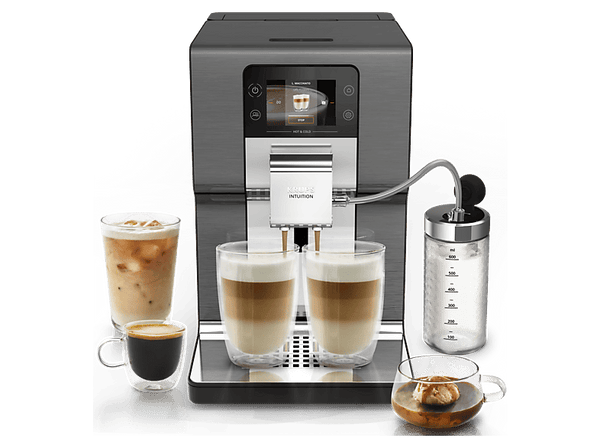 Cafetera superautomática - Krups Intuition Experience Hot&Cold, Pantalla táctil , 36 Recetas, Jarra de leche, Titanio, 15 bar, 2 tazas, Negro