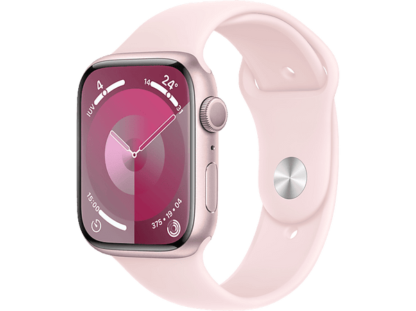 Apple Watch Series 9 (2023), GPS, 45 mm, Gesto de doble toque, Caja de aluminio rosa, Correa deportiva rosa, Talla S/M