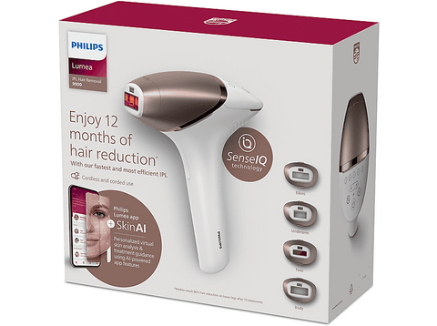 Depiladora IPL - Philips Lumea S9900 BRI951/01, Luz pulsada, Depilación permanente, Cara y cuerpo, 450.000 pulsos, Sensor SmartSkin, Skin AI