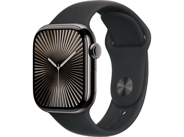 Apple Watch Series 10 (2024), GPS + Cellular, 42 mm, Gesto de doble toque, Caja de titanio Pizzarra, Correa deportiva Negra, Talla S/M