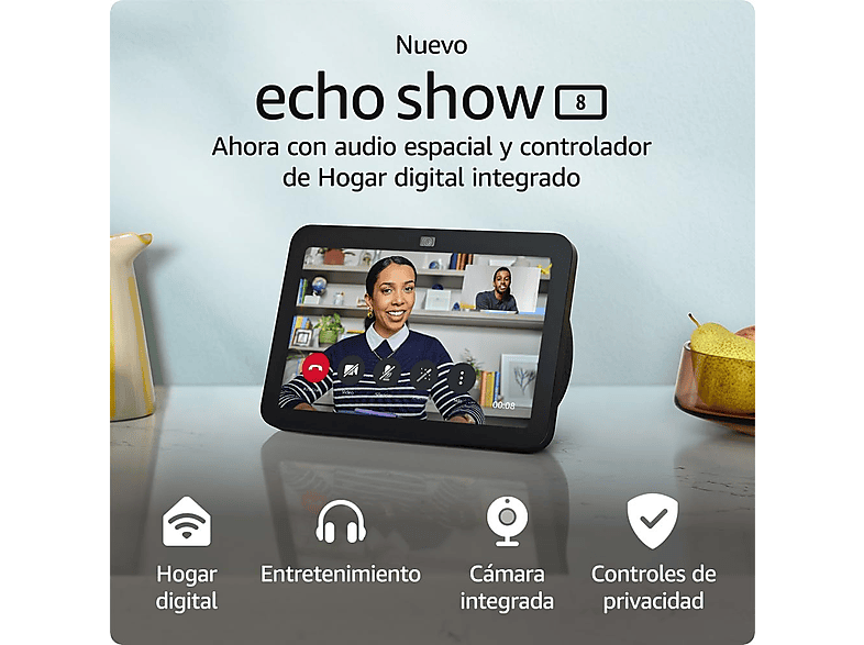Echo Show 8 (3.ª generación, 2023), Pantalla táctil inteligente de alta definición con audio espacial, controlador de Hogar digital y Alexa, Blanco