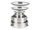 Batería de cocina - Jata Hogar HBAT2552, 6.8L, Acero inoxidable, Apilables, Tapas Vidrio Templado, 3 Ollas, Compatibles con todas las cocinas, Plata