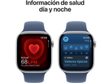 Apple Watch Series 10 (2024), GPS + Cellular, 46 mm, Gesto de doble toque, Caja de aluminio plata, Correa deportiva Azul denim, Talla S/M