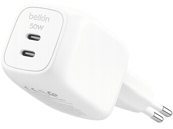 Cargador de pared - Belkin WCH019dqWH, 50W, Compatibles dispositivos con carga USB-C, 2 puertos tipo USB-C, Blanco