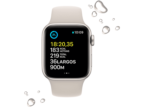 Apple Watch SE (2022), GPS, 40 mm, Caja de aluminio, Vidrio delantero Ion-X, Correa deportiva blanco estrella